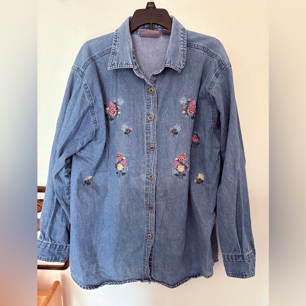 Denim Shirt with Floral Embroidery | Cottagecore | Size Large